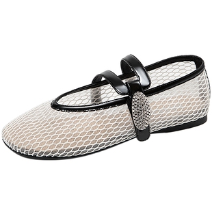 MIO米奥玛丽珍女鞋春夏款钻饰魔术贴一字带渔网鞋平底轻便单鞋