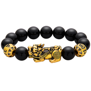 足金貔貅金珠手串男款黄金转运珠招财男士黑金聚财手链七夕礼物