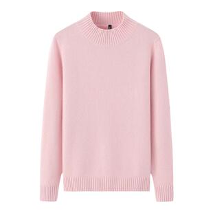 阿绒源100山羊绒加厚女套衫半高领粉色针织宽松休闲百搭打底毛衣