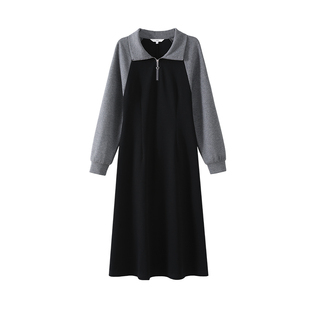OSA欧莎撞色翻领休闲连衣裙女春季2026新款慵懒感收腰显瘦长裙子