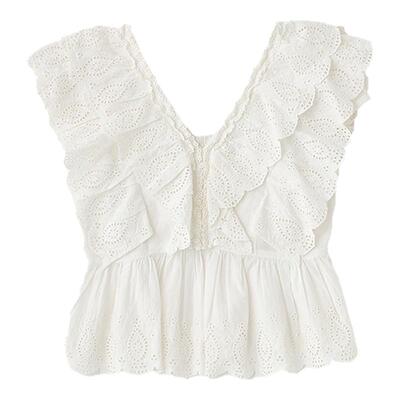 MOUSSY 早春新品海边度假风层叠边短袖V领衬衫010IS730-6131