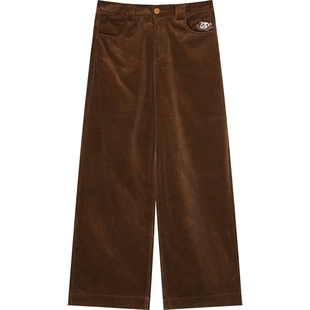 妖精的口袋复古咖色灯芯绒直筒休闲款女2025年秋冬新款宽松裤子