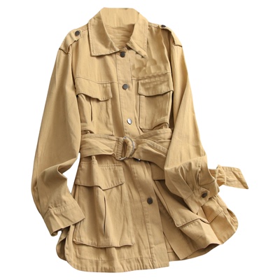 纯色腰带四口袋垫肩猎装翻领外套