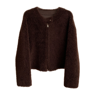 中古风/100羊羔毛仿拉贡皮毛一体皮草拉链短款2025新款毛毛外套女