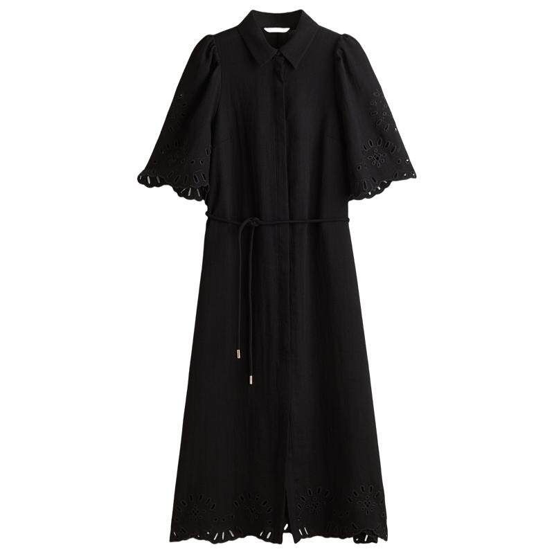HM夏季女装时尚休闲镂空刺绣衬衫式连衣裙1292807