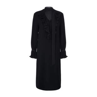 LYNEE【维纳斯】醋纤羊毛混纺 细褶荡领拼接连衣裙 百搭小黑裙