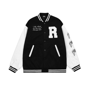 Revenge Varsity Jacket Vintage秋冬骷髅刺绣拼接棒球服夹克外套