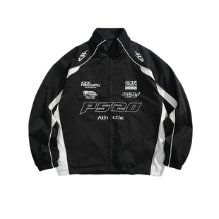 悟空有货美式潮牌字母刺绣拼接赛车服外套男宽松情侣立领运动夹克