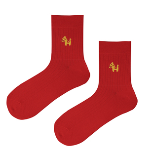 新年袜子一家三口全家儿童本命年红色中筒纯棉刺绣小人马年情侣踩