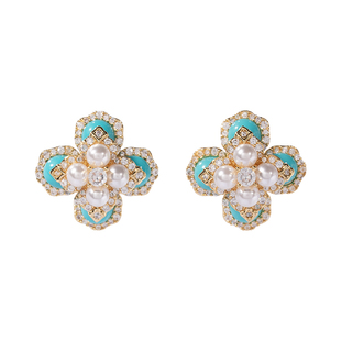 赛赛莉安四叶草耳钉仿绿松珍珠镶钻耳环法式气质高级感小众设计女