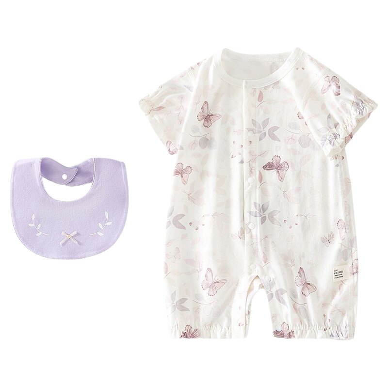 婴儿夏季短袖连体衣宝宝冰氧棉薄款爬服婴幼儿空调服哈衣送围嘴