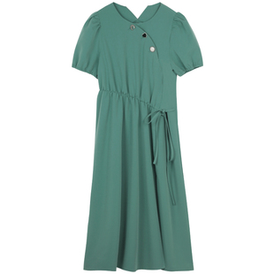 omont蛋挞家 复古泡泡袖连衣裙女夏新款设计感收腰显瘦中长款裙子