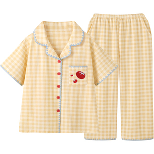 『奶酪番茄』甜美卡通凉感纯棉睡衣女款夏格纹短袖长裤家居服套装