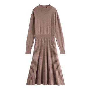 秋冬半高领羊绒连衣裙女中长款毛衣裙宽松显瘦羊毛针织打底A字裙