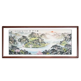 旭日东升山水画手绘国画客厅挂画字画背景墙聚宝盆八方聚财装饰画
