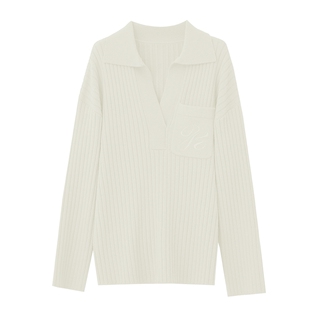 Amii2025冬新款休闲慵懒学院风翻领绣花落肩袖毛衣女宽松套头上衣