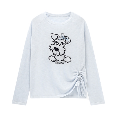 Basic House/百家好小狗刺绣套头针织衫今年新款短款抽褶圆领上衣