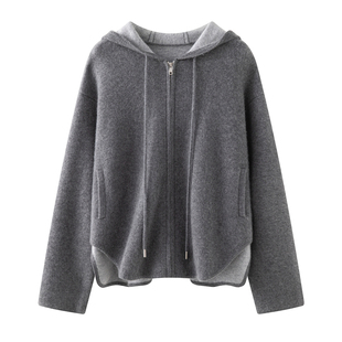 空气层加厚宽松山羊绒外套女秋冬款拉链连帽保暖开衫时尚针织上衣