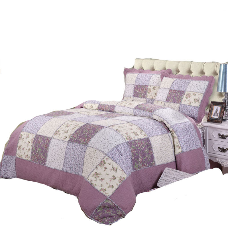 紫色田园欧式拼布纯棉床盖绗缝被水洗被三件套四件套床单被套