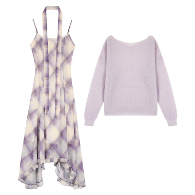 pusumede「格纹漫舞」格子吊带连衣裙女不规则雪纺气质碎花裙子