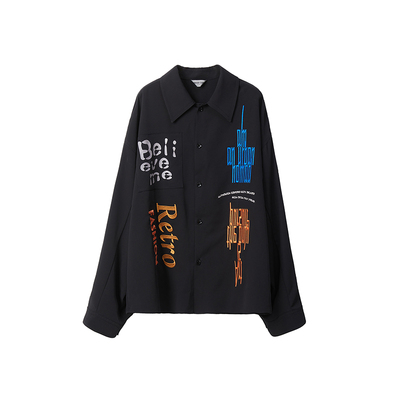 翻领长袖潮流彩色刺绣衬衫