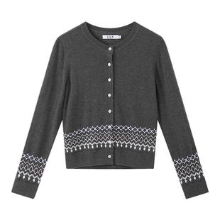 LILY2025新款含羊毛学院风格雷系格纹灰色长袖圆领针织开衫外套