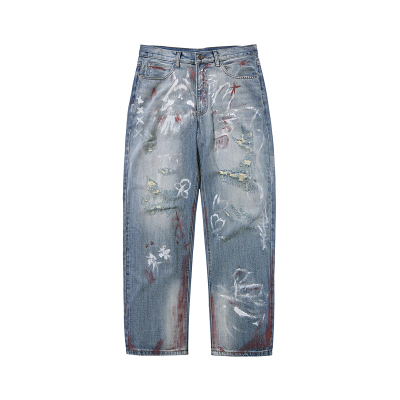 手绘蓝色水洗做旧牛仔裤