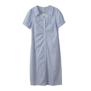 微胖的喵喵大码女装胖mm夏季时尚巨显瘦遮肚蓝色条纹连衣裙中长款