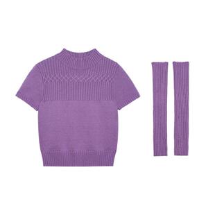 LLANO高领坑条短袖针织带袖套针织衫气质甜美薄毛衣上衣女春夏季