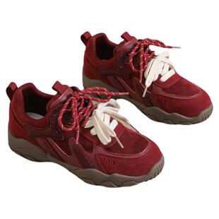 星期六真皮厚底红色德训鞋女春季新款百搭休闲运动女鞋复古阿甘鞋