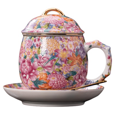 满花珐琅杯，带盖过滤更实用