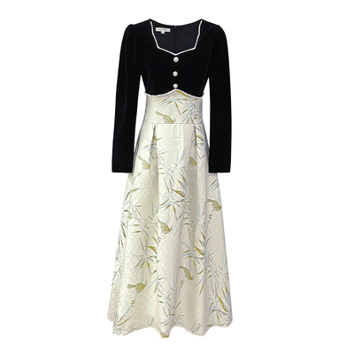 法式A字裙丝绒竹纹拼接