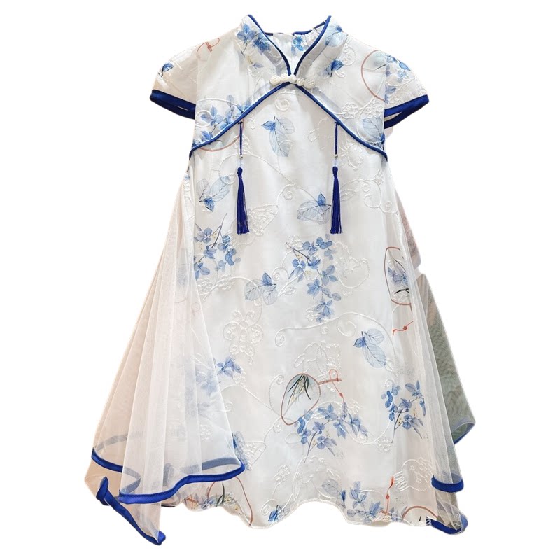女童旗袍裙青花瓷夏装儿童旗袍裙儿童节演出走秀服新中式连衣裙