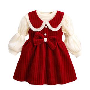 女童秋冬汉服连衣裙新款宝宝拜年服儿童红色公主裙子加绒两件套装
