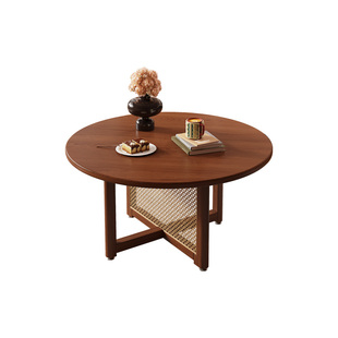 中古实木藤编茶几复古圆形大小组合客厅家用小户型原木边几茶桌子