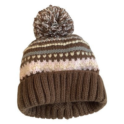 费尔岛咖色毛球针织毛线帽女秋冬