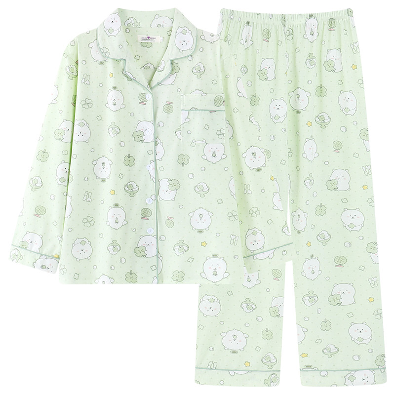 薄荷绿自嘲熊睡衣女款春秋季长袖夏家居服韩版可爱小熊网红风纯棉
