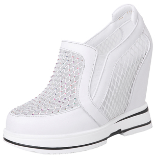 北西迪欧洲站春夏12CM内增高女鞋真皮镂空网纱百搭白色厚底松糕鞋