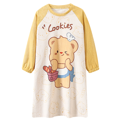 黄油小熊女童法兰绒睡裙冬季加厚长款珊瑚绒儿童睡袍可爱母女睡衣