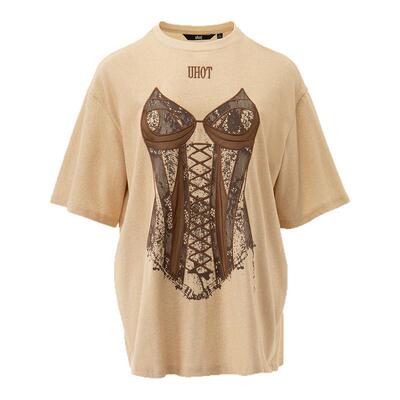 诱货复古辣妹蕾丝印花束腰T恤