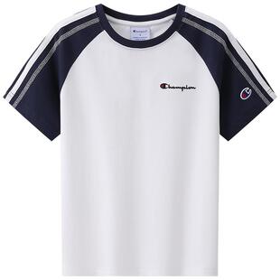 [抗菌]Champion冠军26夏季男女童装纯棉复古拼接插肩袖短袖T恤
