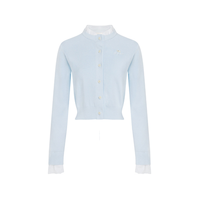 假两件拼接植绒小狗刺绣针织开衫