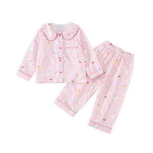 儿童睡衣女童春秋款长袖长裤猫咪印花粉色家居服套装可爱风