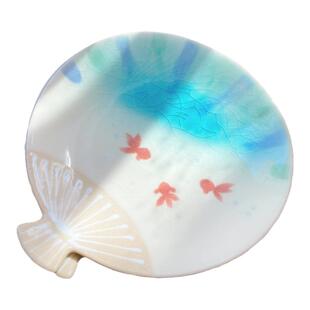 现货日本进口濑户烧冰裂釉枫叶扇子釉下彩蘸料酱油小碟盘子