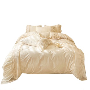 法式奶油风全棉水洗棉四件套镂空蕾丝花边被套少女心公主床单床笠