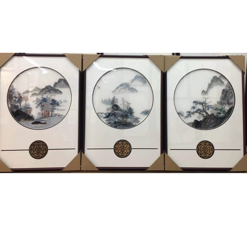 牡丹山水背景墙带框真丝苏州刺绣