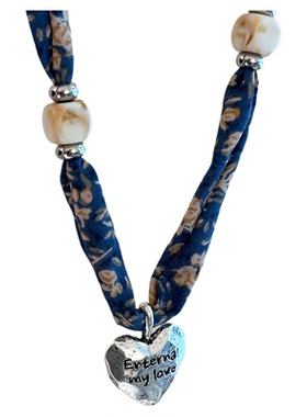 蓝色爱心碎花串珠丝巾可抽拉项链