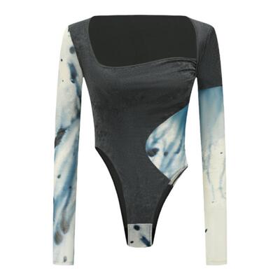 【赵露思同款】OUDE WAAG 经典 弹力网纱丝绒拼接印花女装上衣