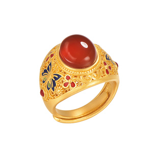 明牌珠宝古法黄金蝴蝶戒指 足金玛瑙镶嵌吉祥鸿运福蝶戒AFM0352