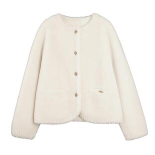 【自营】【100%绵羊毛】ELLE白色小香风毛绒短外套女2025冬款上衣